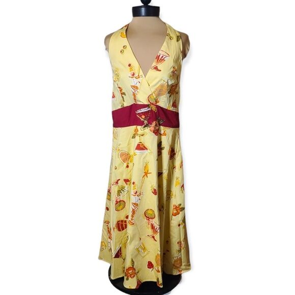 VINTAGE Yellow Halter Flotql and Cocktail Drink Print Dress Size 14 - Picture 1 of 6